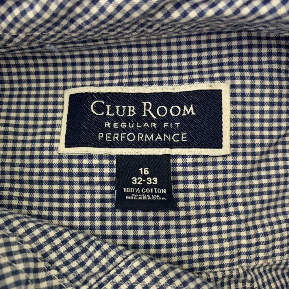 Club Room Gingham Button Down Shirt L Blue Long Sleeve Chest Pocket Collar